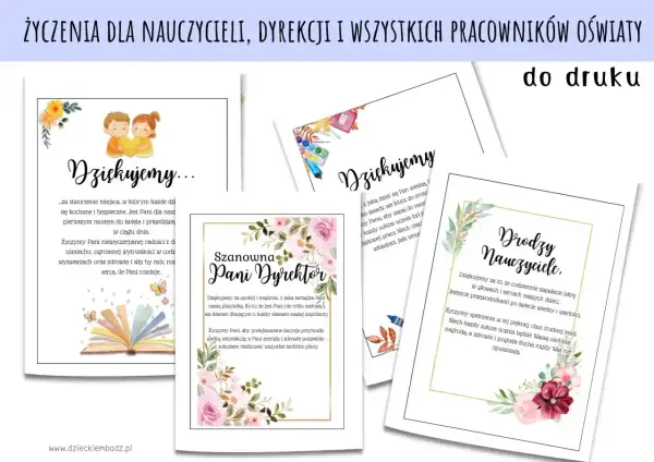 Tekst podziękowania za prezent dla nauczycieli i dyrekcji. Kartki z życzeniami i kwiatowymi zdobieniami.