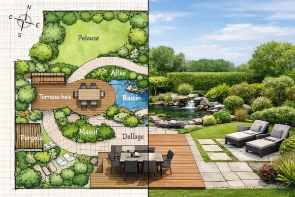Plan d'un jardin avec un plan d'eau de petite taille, une terrasse en bois, une pelouse et une allée. La partie droite montre le jardin réalisé avec une cascade.