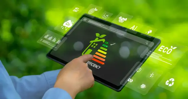 Dito un tablet mostra un grafico di efficienza energetica, con icone che simboleggiano la sostenibilità e la riqualificazione energetica globale.