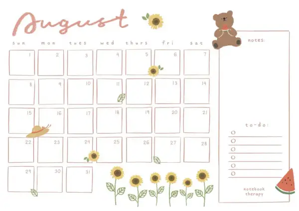 Calendario de agosto con girasoles, un sombrero de paja y un oso comiendo sandía.
