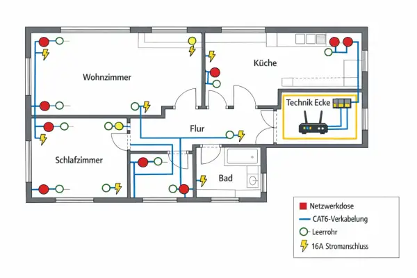 Grundriss einer Wohnung mit CAT6-Verkabelung, Stromanschlüssen und einer Technik-Ecke für den home assistent.
