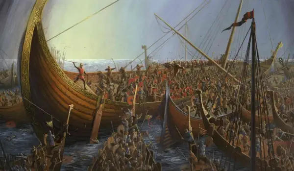 En dramatisk målning av slaget vid Svolder, med vikingaskepp fyllda av krigare som strider på havet.