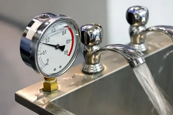 Manometro che misura la pressione dell'acqua in un lavandino. Il rubinetto eroga acqua, indicando la pressione alta acqua calda o fredda.