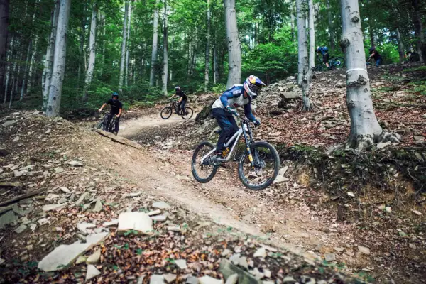 Zjazdowcy na rowerach pokonują leśny tor. To adrenalina i świetna zabawa na bike parkach w Polsce.