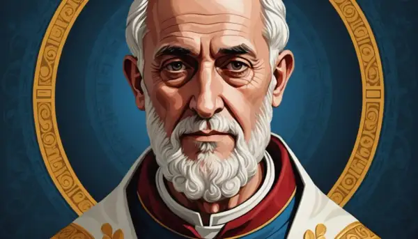 Portret starszego mężczyzny z siwą brodą i włosami, w szatach papieskich, otoczony złotym ornamentem. Wygląda jak pierwszy święty Kościoła katolickiego.