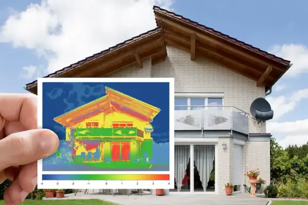 Une image thermique d'une maison révèle des zones de chaleur intense, indiquant un **pont thermique** potentiel.