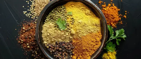 En skål med olika kryddor, inklusive en blandning för masala krydda. Korianderfrön, pepparkorn och gurkmeja syns också.