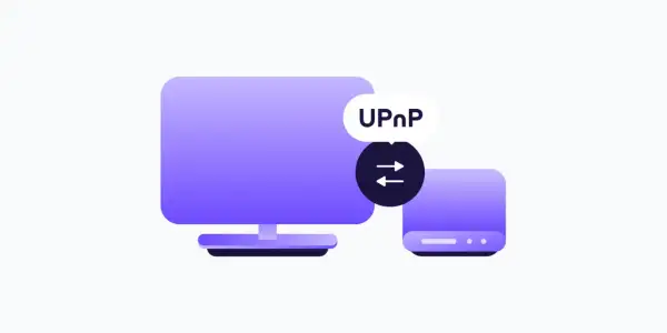 Ilustracja pokazuje komputer i router, symbolizujące komunikację sieciową. Etykieta "UPnP co to" sugeruje wyjaśnienie tej technologii.