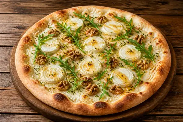 Une délicieuse pizza chèvre miel, garnie de noix croquantes et de roquette fraîche, sur un fond de bois rustique.