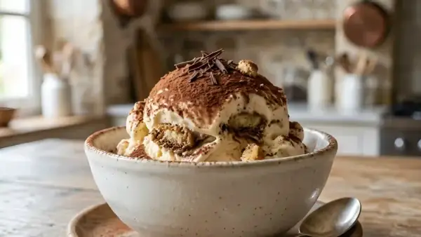 Une coupe de glace tiramisu onctueuse, saupoudrée de cacao et de copeaux de chocolat, avec des morceaux de biscuits savoiardi.