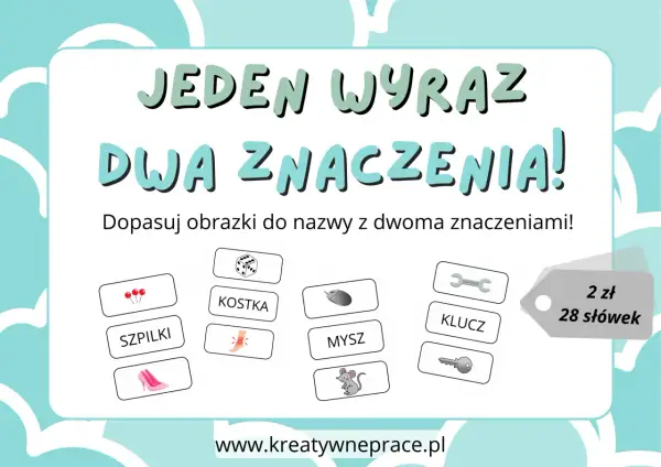 Gra edukacyjna "Jeden wyraz, dwa znaczenia!" zachęca do akcji dopasowywania obrazków do słów.