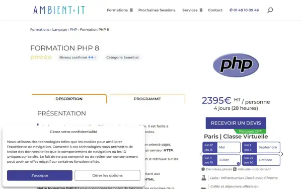 Formation PHP 8, avec le logo PHP. Apprenez le langage de programmation pour le web.