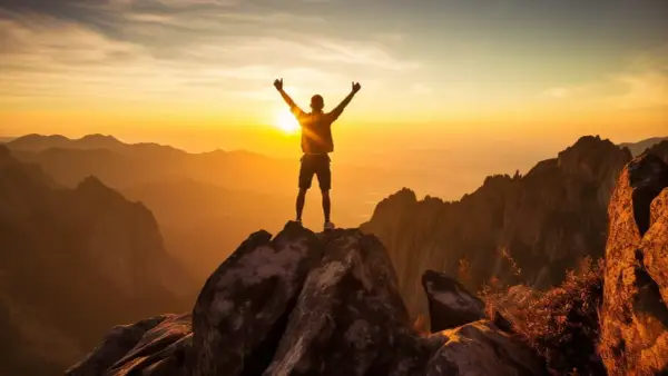 Hombre en la cima de una montaña al amanecer, celebrando su **crecimiento personal y espiritual**.