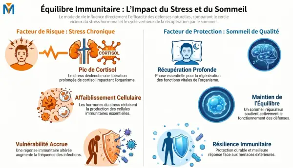 Le stress chronique augmente le cortisol, affaiblissant le système immunitaire. Le sommeil de qualité favorise la régulation hormonale et la résilience.