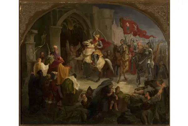 Rycerz na białym koniu z mieczem wzniesionym ku górze, witany przez tłum. Obraz symbolizuje moment, kiedy powstała Polska.