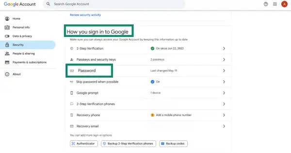 Ekran konta Google, sekcja Bezpieczeństwo. Widoczna opcja "Hasło" - tutaj dowiesz się, jak zmienić hasło na Gmail.