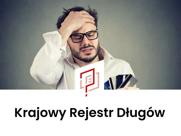 Zmartwiony mężczyzna w okularach trzyma karty kredytowe, logo KRD.
