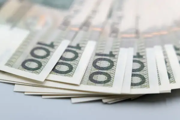 Stos banknotów 100 zł. Może symbolizować zasiłek stały dla osób z umiarkowanym stopniem niepełnosprawności.