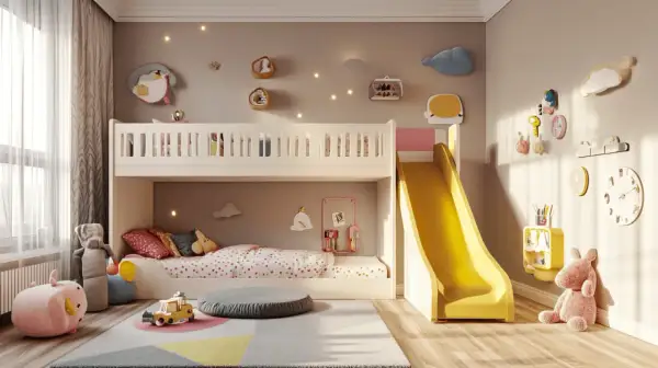 Ein Kinderzimmer mit Hochbett, Rutsche und Spielzeug. Perfekt, um ein Zimmer mit Hochbett einzurichten und Spaß zu haben.