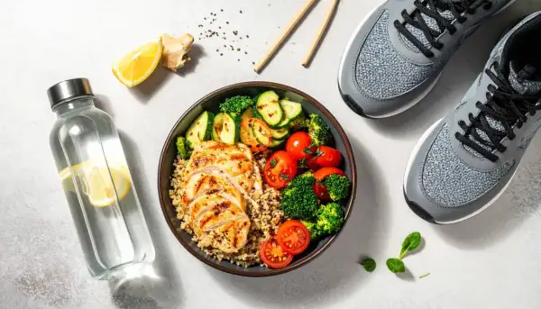 Un repas équilibré pour savoir que manger avant le sport : poulet grillé, quinoa, légumes et eau citronnée. Prêt pour l'effort !