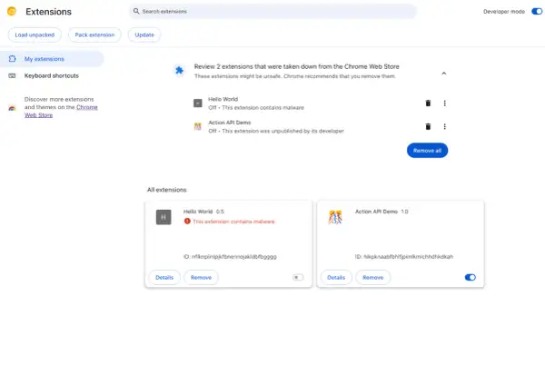 Zarządzanie rozszerzeniami w Google Chrome. Wykryto złośliwe oprogramowanie w jednym z dodatków, co wymaga jego aktualizacja lub usunięcie.