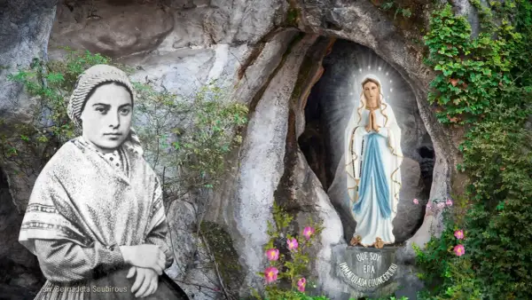 Św. Bernadeta Soubirous i Matka Boża w Lourdes. Obraz zachęca do krótkich rozważań różańcowych.