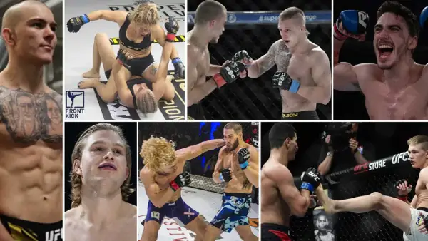 Kollage med MMA-fighters i action. En kvinna i topp och shorts på marken, två män i handskar som slåss, en man som jublar, och två män i en bur. Det här är verkligen best of mma.