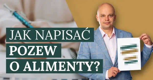 Profesjonalny pozew o alimenty: mężczyzna w garniturze prezentuje dokument z tekstem "Jak napisać pozew o alimenty?".