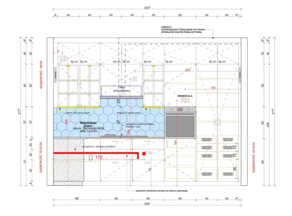 Projekt techniczny kuchni, ile egzemplarzy potrzebujesz? Widok z góry z wymiarami, okapem, mikrofalą i szufladami.