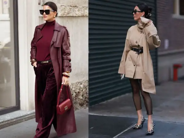 Eleganckie jesienne outfity: bordowy płaszcz i sztruksowe spodnie obok beżowego trencza i siateczkowych rajstop.