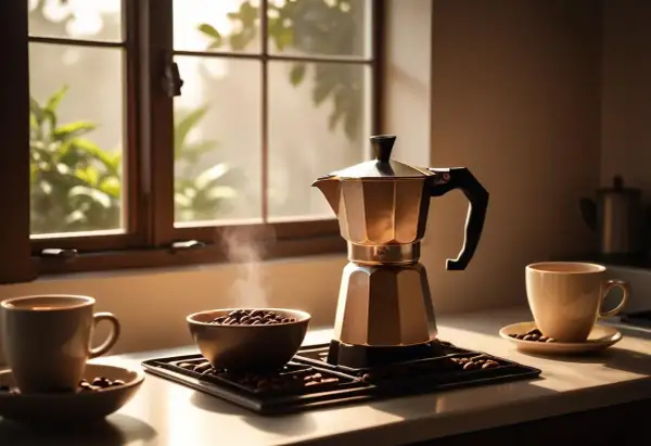 En moka-bryggare i koppar, ångande kaffebönor i en skål och en kopp kaffe. Perfekt för en lugn morgon med **pour over**.