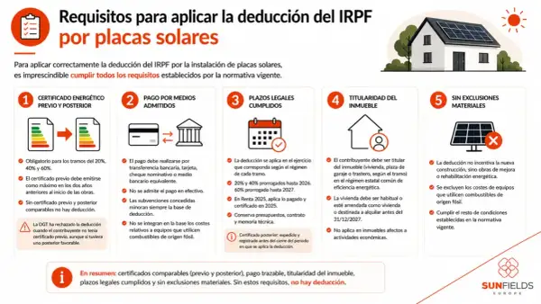 Requisitos para deducción IRPF placas solares en Extremadura: certificado energético, pago bancario, plazos cumplidos, titularidad inmueble y sin exclusiones.