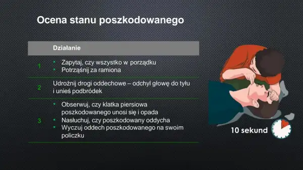 Ratownik sprawdza oddech poszkodowanego, by wykluczyć migotanie komór. Czas: 10 sekund.