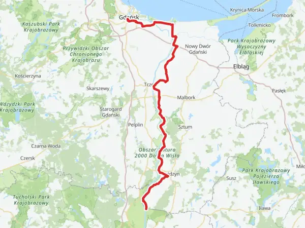 Trasa rowerowa Mierzeja Wiślana od Gdańska przez Malbork do Elbląga, wiodąca przez malownicze tereny i parki krajobrazowe.