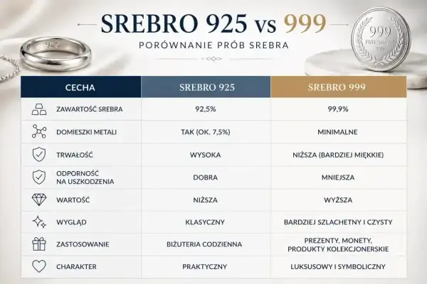 Porównanie prób srebra: próba srebra 925 jest trwalsza i praktyczna, 999 bardziej szlachetna.