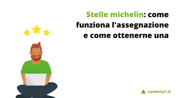 Uomo con laptop e tre stelle Michelin, per capire come ottenere una stella per il tuo ristorante.