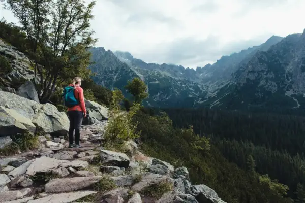 Frau mit Rucksack genießt die Aussicht beim Tatra Gebirge Wandern. Steiler Pfad, Felsen und Nadelwald.