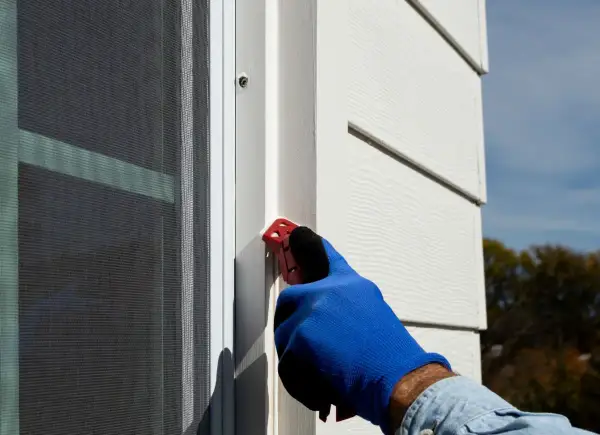A gloved hand uses a red tool to smooth caulk along a window frame, demonstrating how to caulk windows for a weather-tight seal.