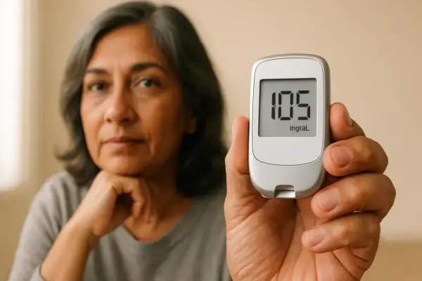 Donna preoccupata guarda il glucometro che segna 105. Le infiammazioni alzano la glicemia, un problema da non sottovalutare.