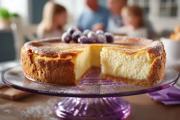 Ein köstlicher Käsekuchen mit Blaubeeren, der sich perfekt zum Kuchen einfrieren eignet, steht auf einem lila Tortenständer.