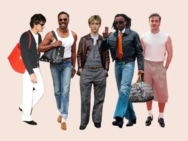 Fünf Männer präsentieren unterschiedliche **clothing styles**: von lässig mit Jeans und Cardigan bis schick mit Lederjacke und Krawatte.
