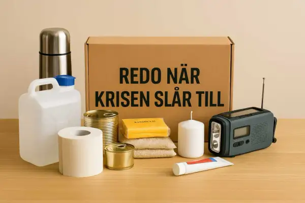 En låda med förnödenheter för en bug out-situation: konserver, ris, vattenbehållare, toalettpapper, ljus, en vevradio med ficklampa och en tub.