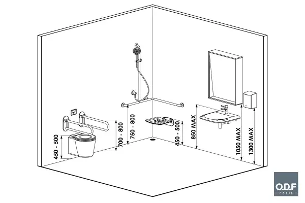 Schéma d'une salle de bain adaptée aux personnes à mobilité réduite, montrant les dimensions pour une installation conforme à la norme WC PMR.