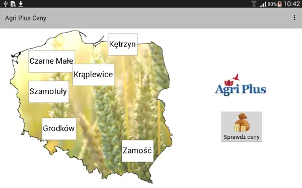 Mapa Polski z zaznaczonymi lokalizacjami i logo Agri Plus. Sprawdź agri plus cennik dla Kętrzyna, Czarnego Małego, Krąplewic, Szamotuł, Grodkowa i Zamościa.
