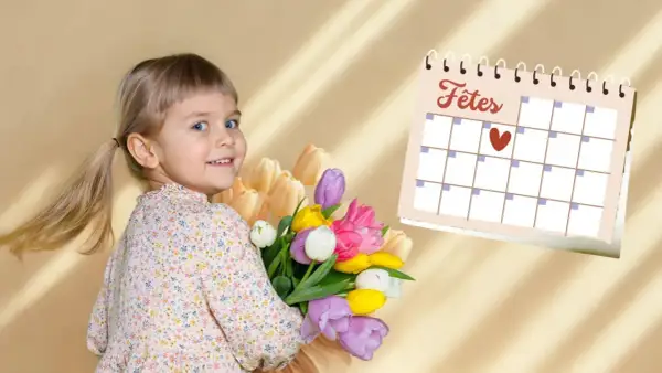 Une petite fille souriante tient un bouquet de tulipes colorées. À côté, un calendrier indique "Fêtes", peut-être pour célébrer son prénom ou une fête nationale.