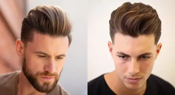 Dwóch mężczyzn z modną fryzurą quiff. Jeden z nich ma zarost, drugi gładką skórę.