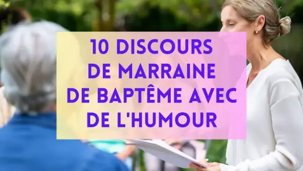 Une marraine souriante lit un discours humoristique pour un baptême.