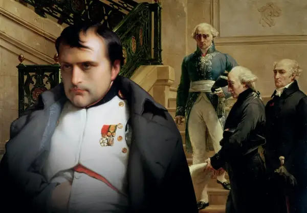 Napoleon Bonaparte, med sina utmärkelser, står framför en trappa där andra män i historiska kläder samlas. Här finns fakta om Napoleon.