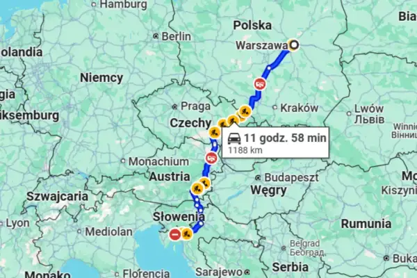 Trasa z Warszawy przez Czechy, Austrię i Słowenię do Włoch. Podróż trwa 11 godz. 58 min, dystans 1188 km.