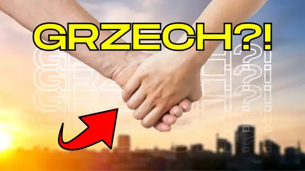 Dwie dłonie splecione, nad nimi napis "GRZECH?!". Czy seks po ślubie to grzech? Czerwona strzałka wskazuje na pytanie.